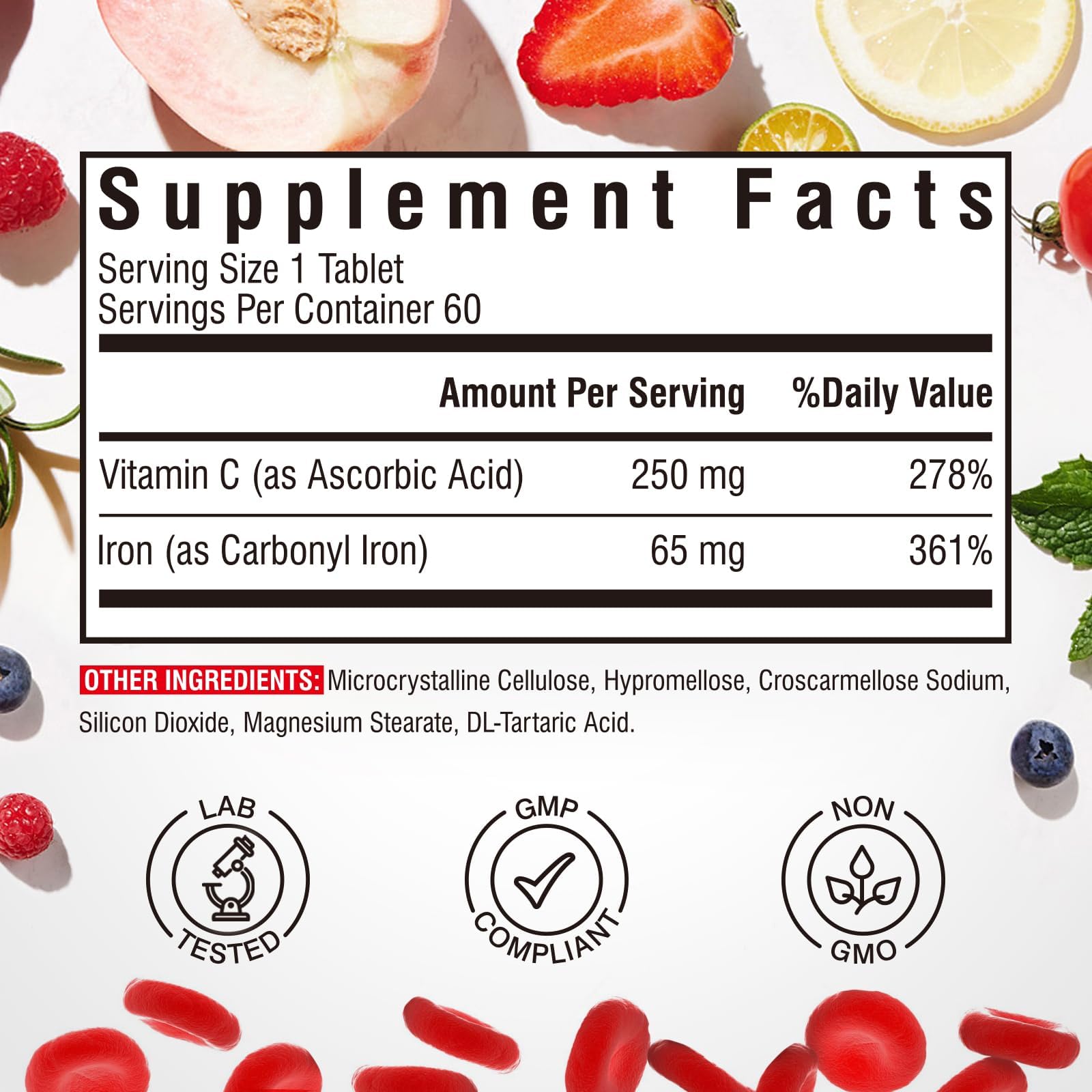 Vitalibre Iron Supplement 65mg tablets on a wooden surface