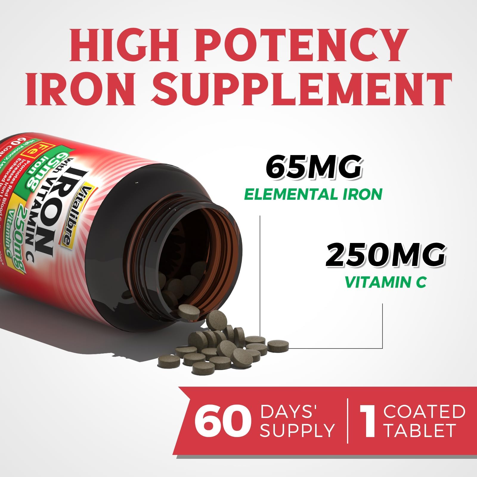 Vitalibre Iron Supplement 65mg with Vitamin C 250mg back view
