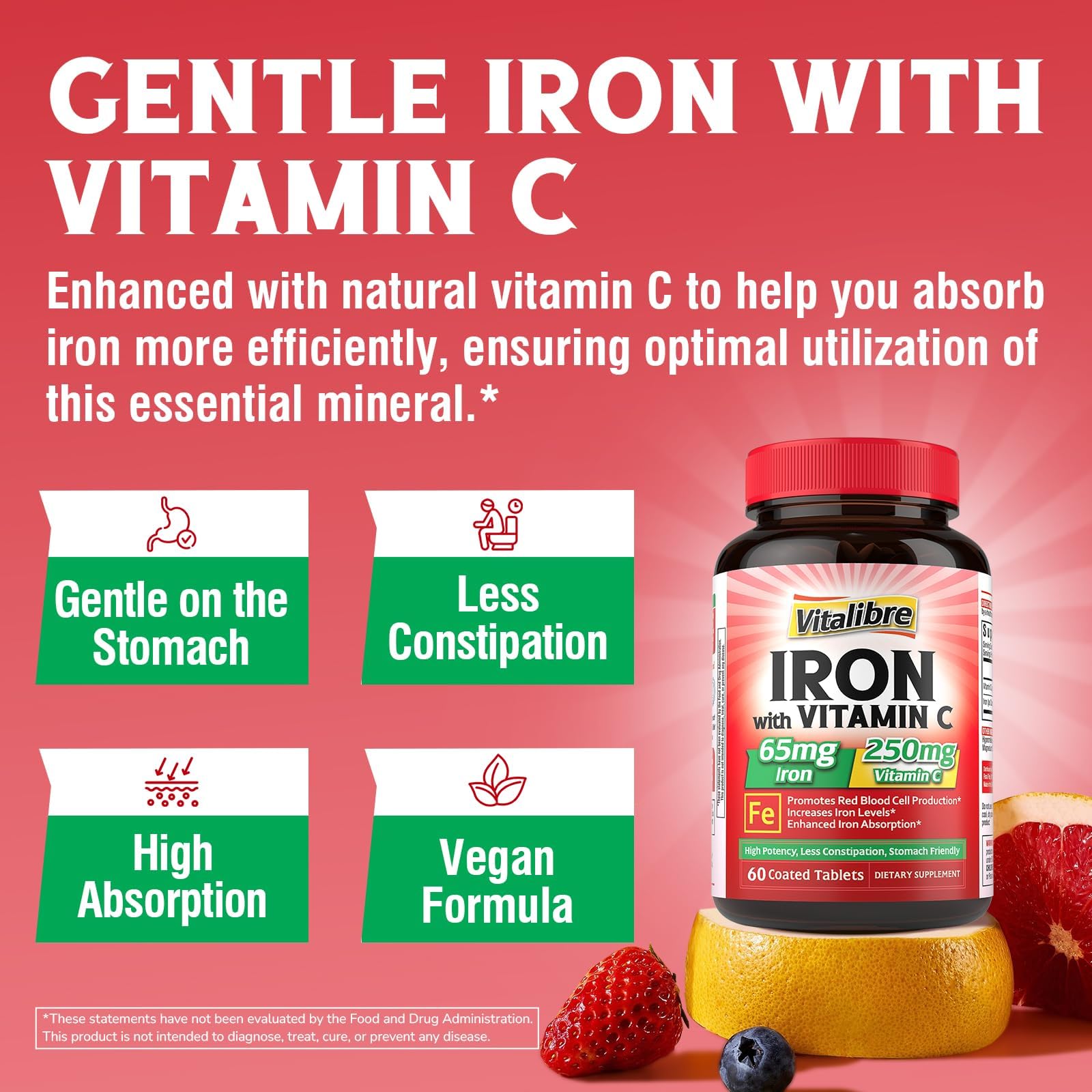 Vitalibre Iron Supplement 65mg with Vitamin C 250mg side view