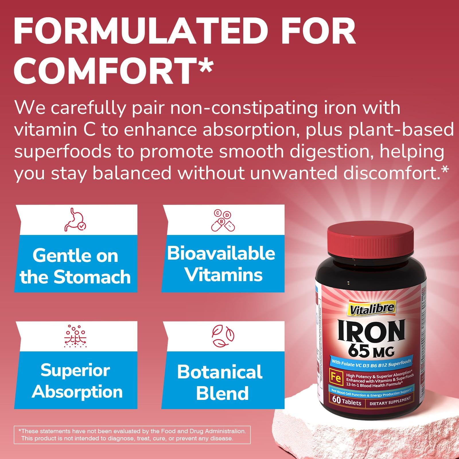 Vitalibre Iron Supplement 65mg with vitamins C, D3, B6, B12