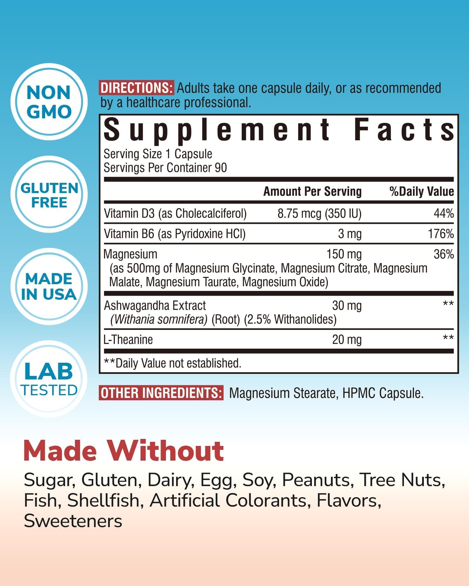 Vitalibre Magnesium Ashwagandha Complex 45g back view with ingredient list