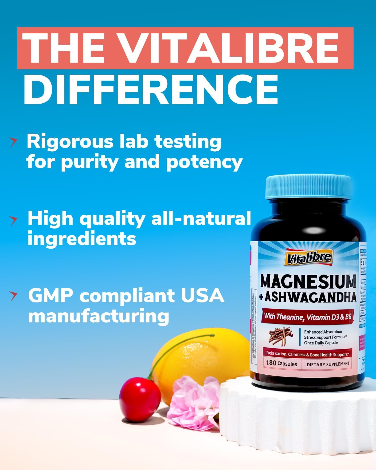 Vitalibre Magnesium Ashwagandha Complex 45g in a health supplement setup