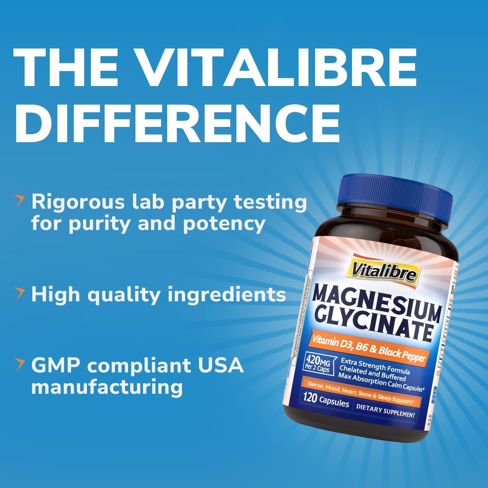 Vitalibre Magnesium Glycinate 420mg with Vitamins D3 and B6