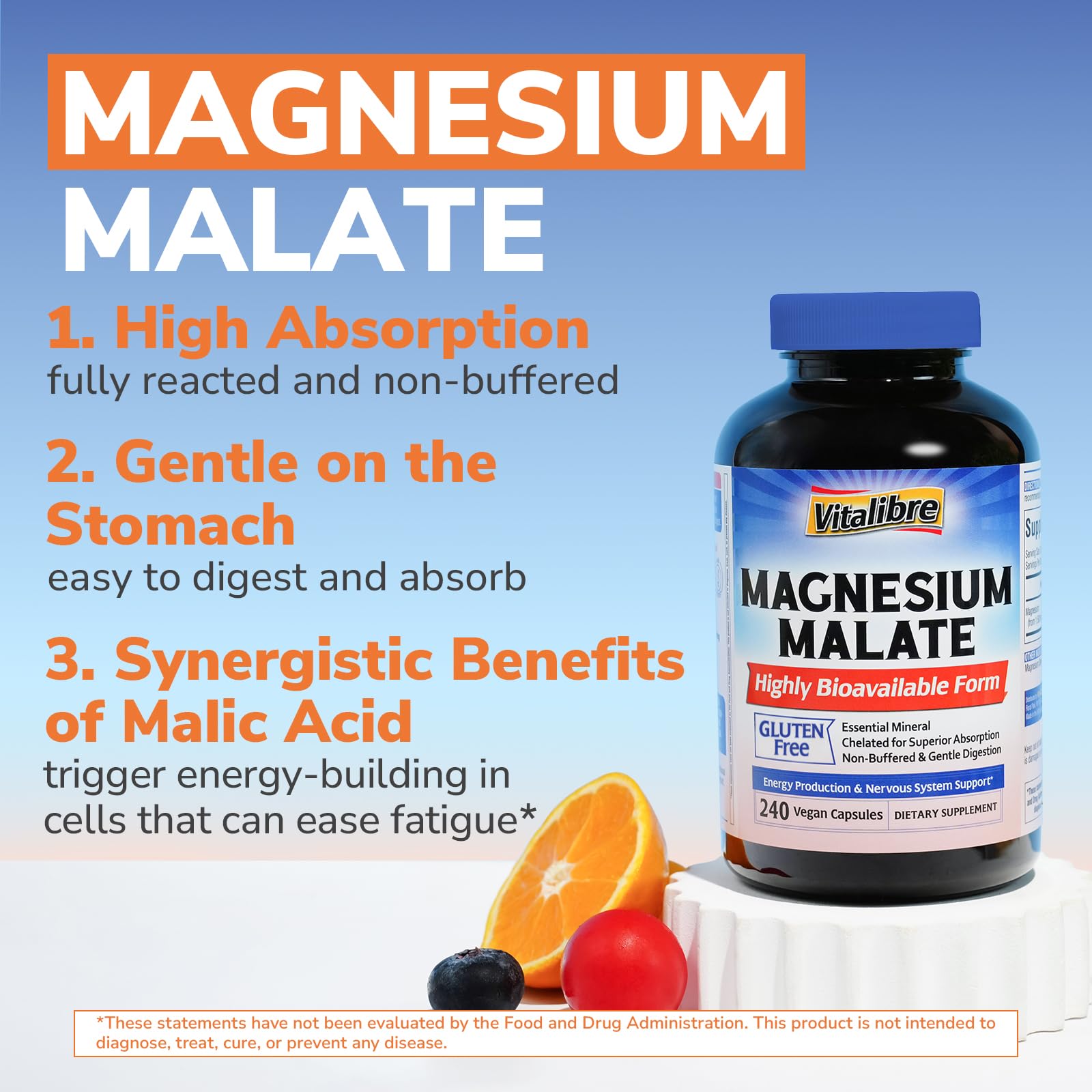 Vitalibre Magnesium Malate 230mg capsules close-up on a table