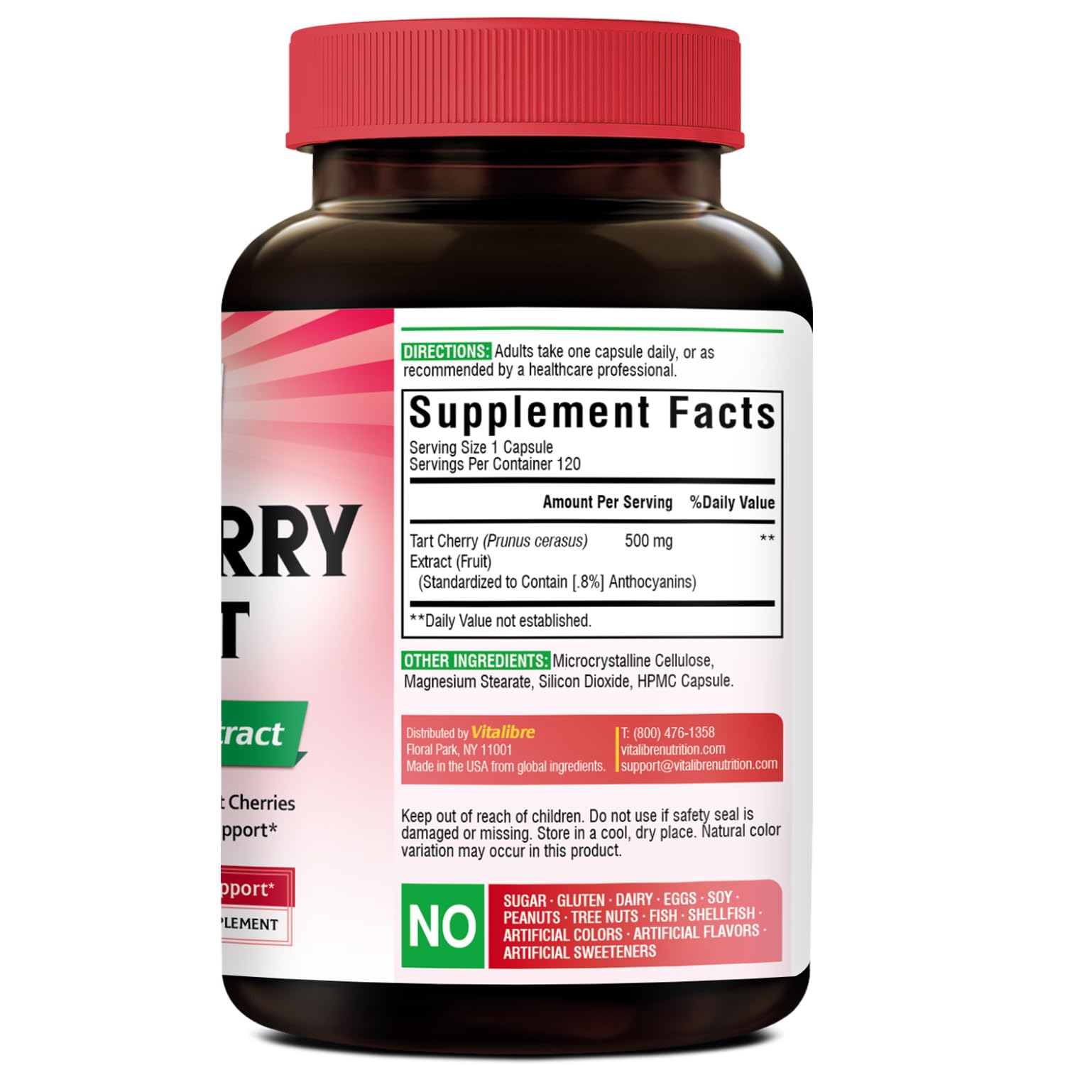 Vitalibre Tart Cherry Capsules 500mg bottle side view