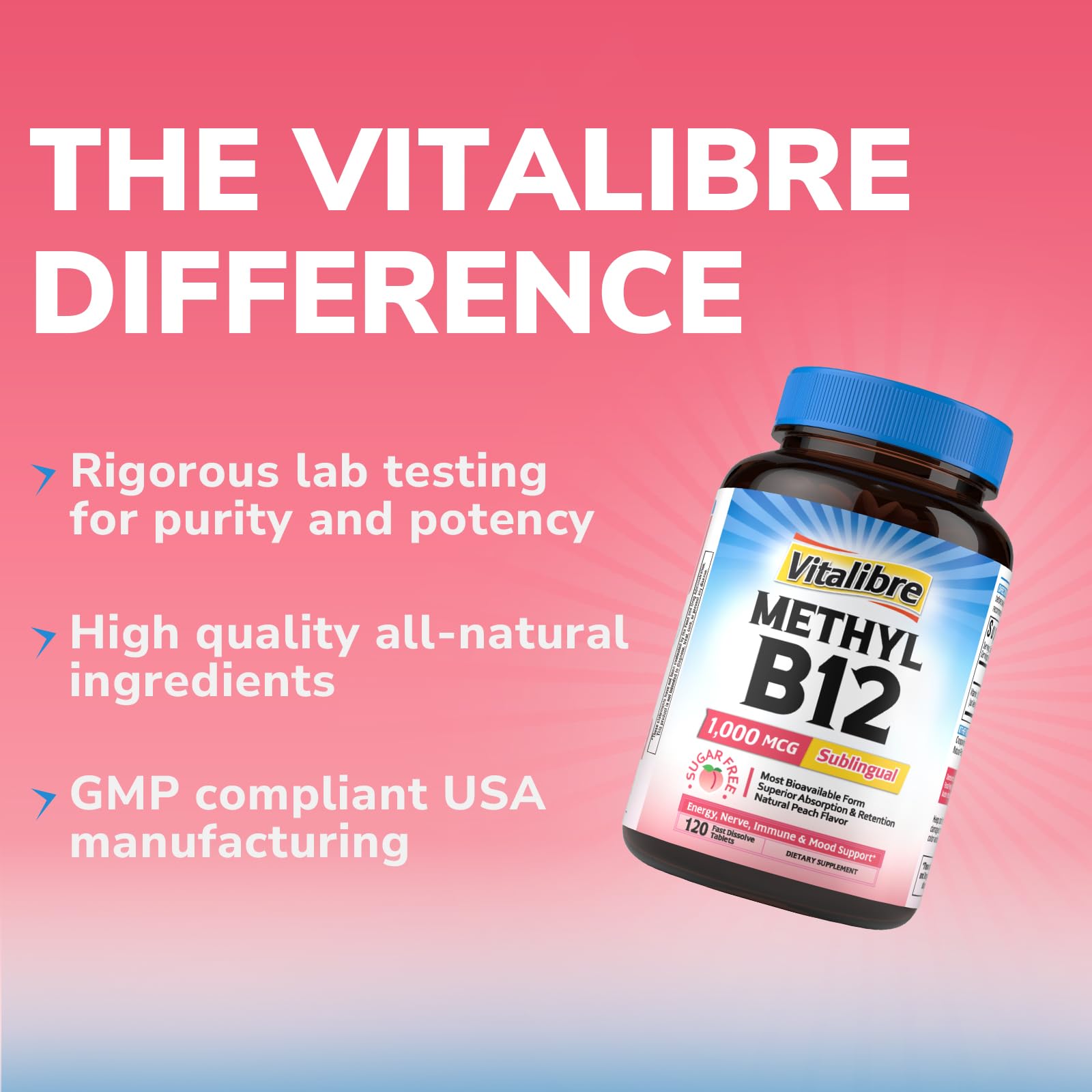 Vitalibre Vitamin B12 tablets on a wooden surface