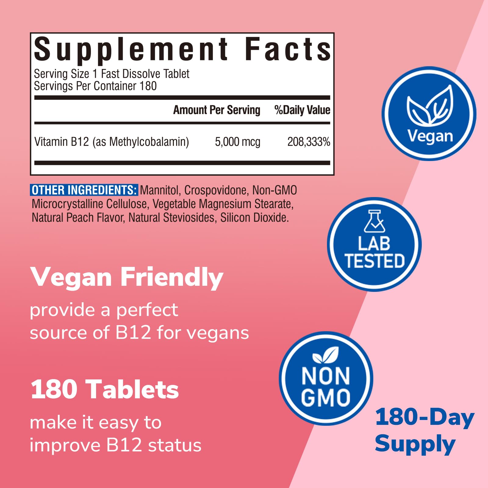 Vitalibre Vitamin B12 Vegan Tablets 5000 mcg side view