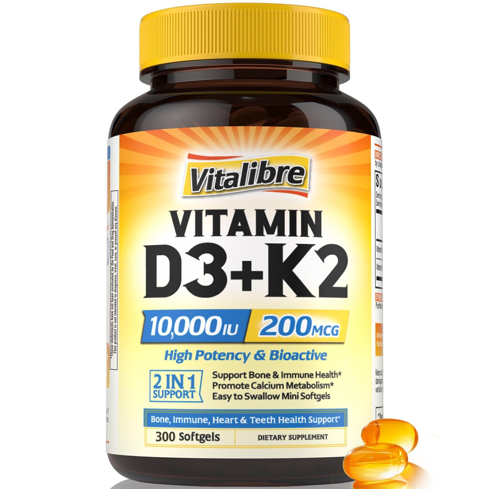 Vitalibre Vitamin D3 K2 10000 IU Softgels front view