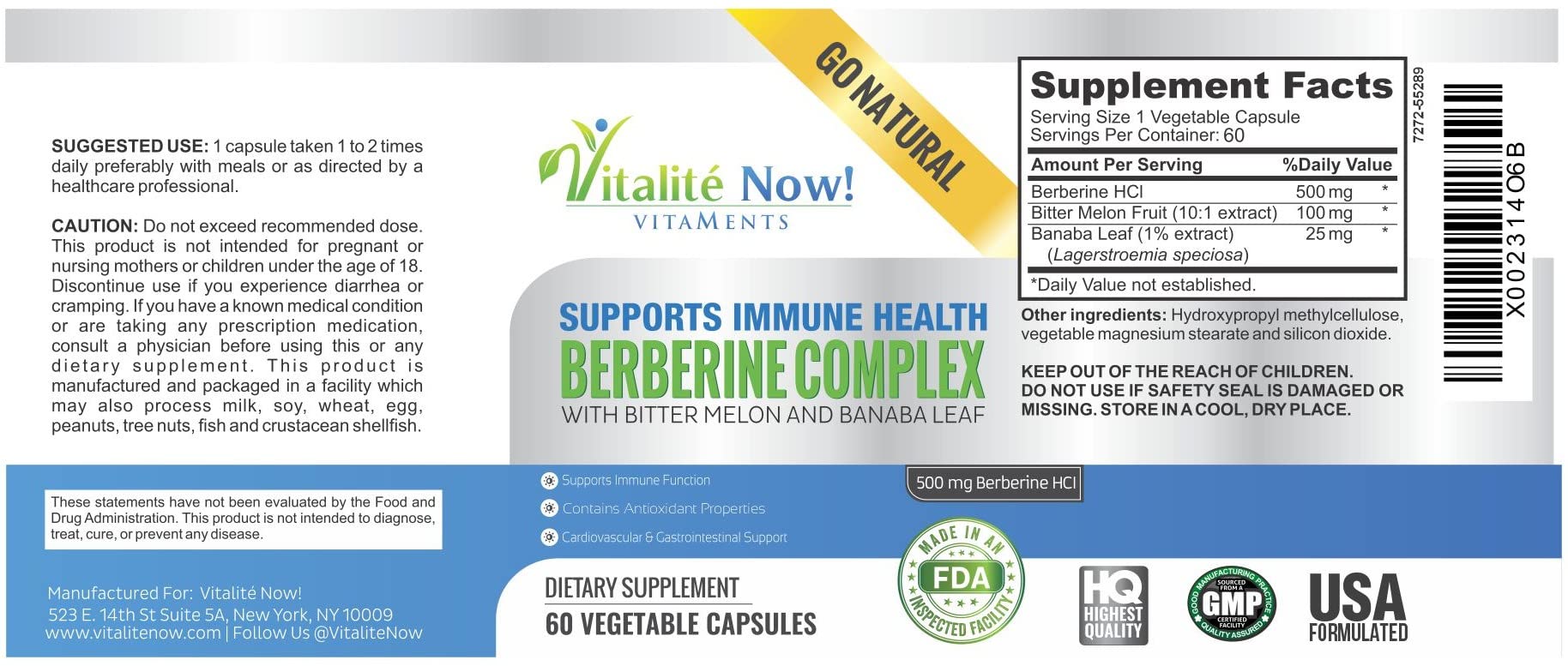 Vitalité Now! Berberine Capsules packaging details