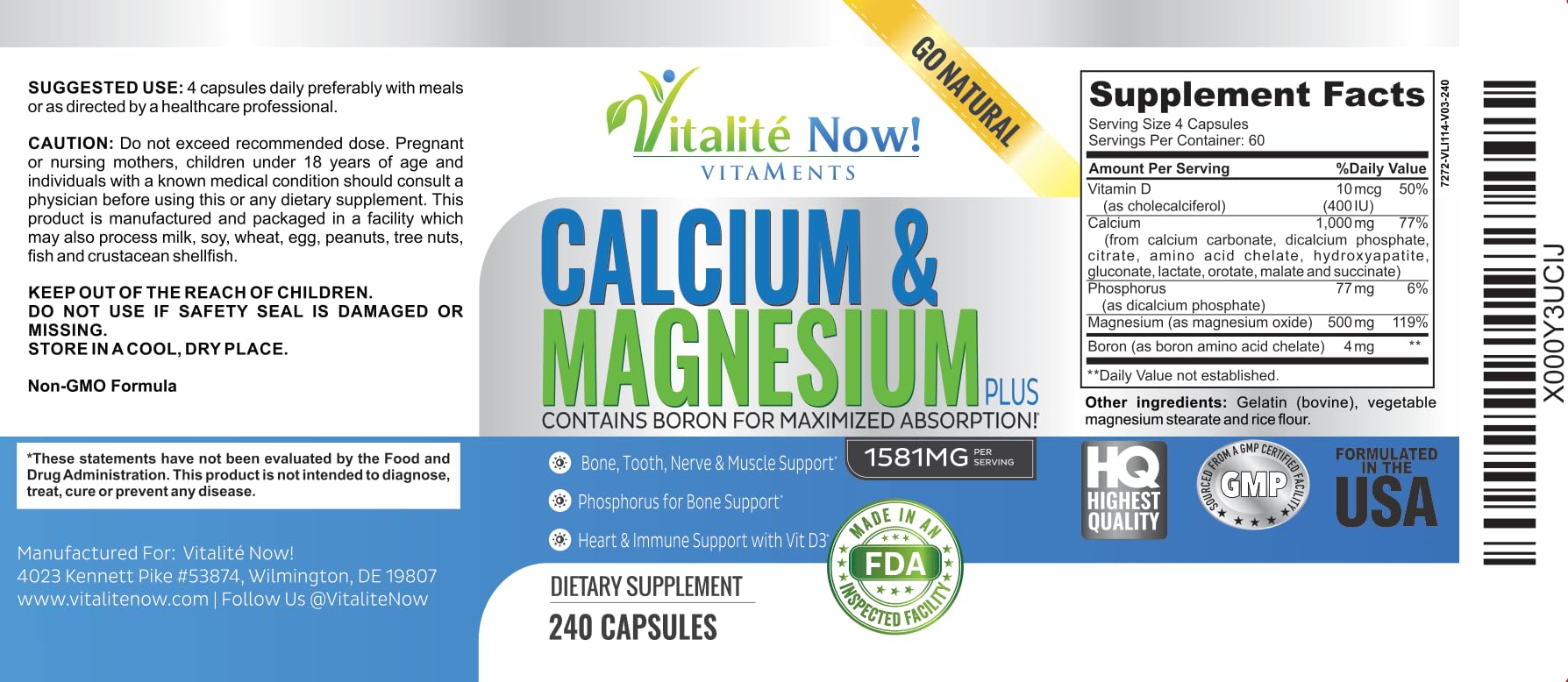 Vitalité Now! Calcium Magnesium Supplement packaging details