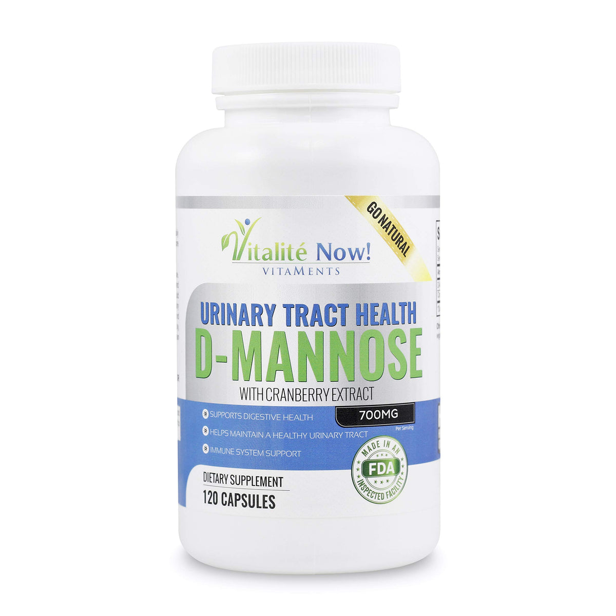 Vitalité Now! D-Mannose & Cranberry Extract 700mg Capsules front view