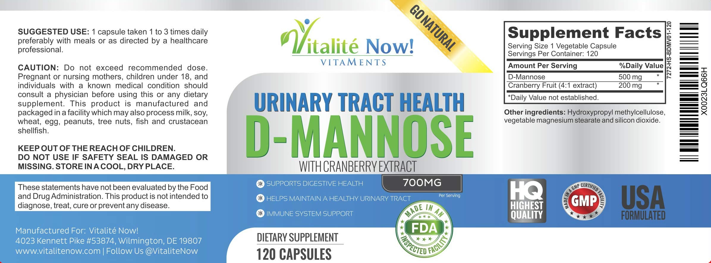 Vitalité Now! D-Mannose & Cranberry Extract capsules with a measuring spoon