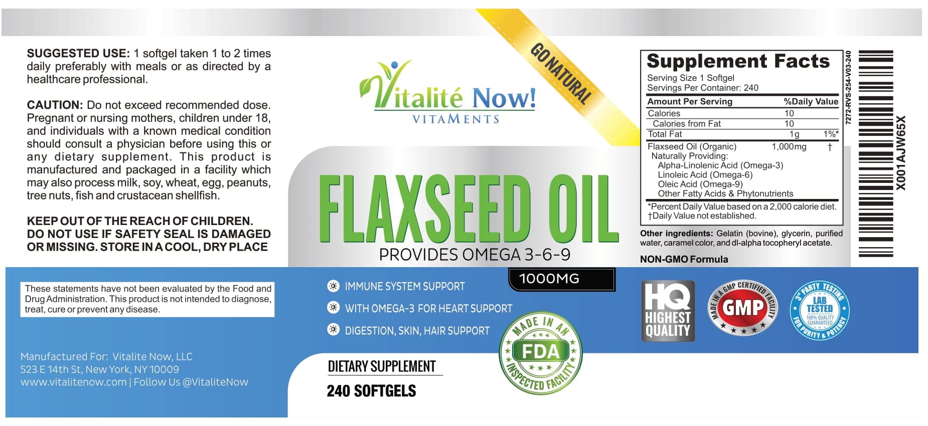 Vitalité Now! Flax Seed Oil bottle with cap