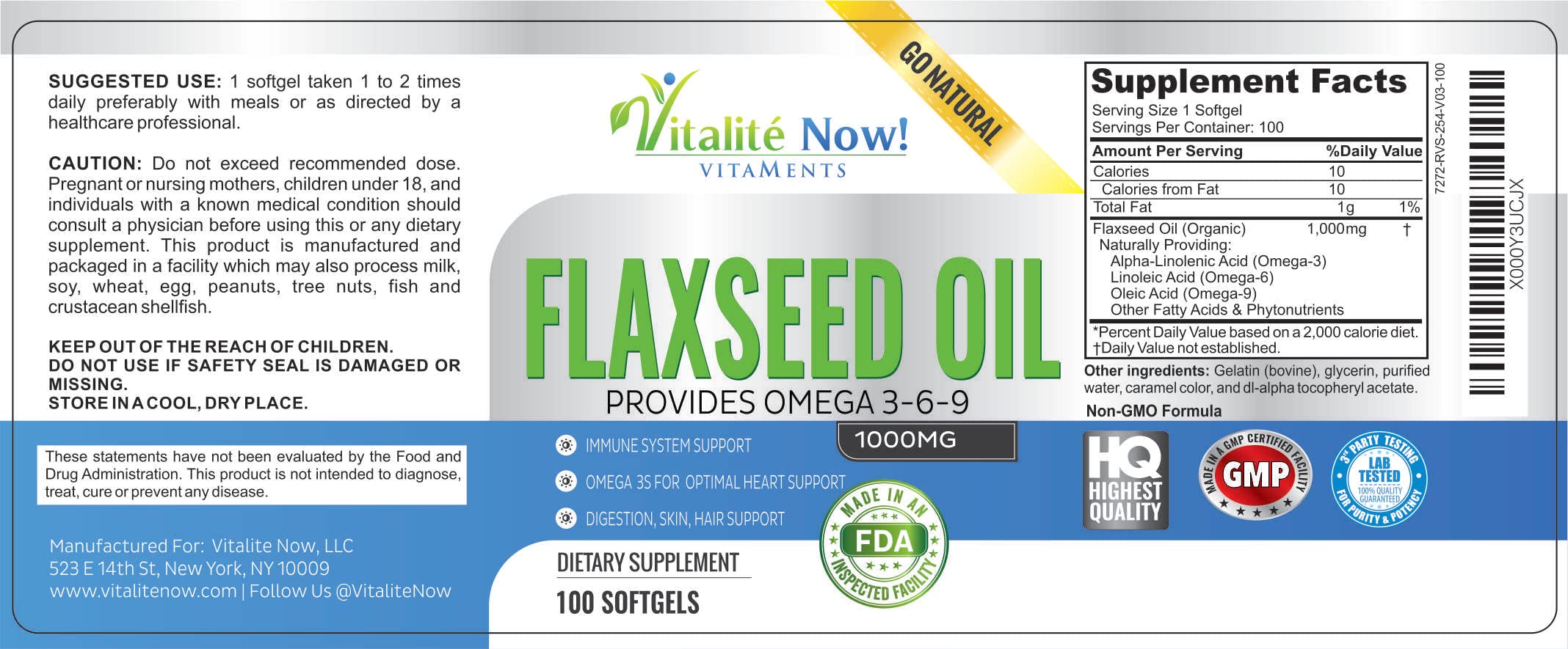 Vitalité Now! Flax Seed Oil Softgel with natural ingredients