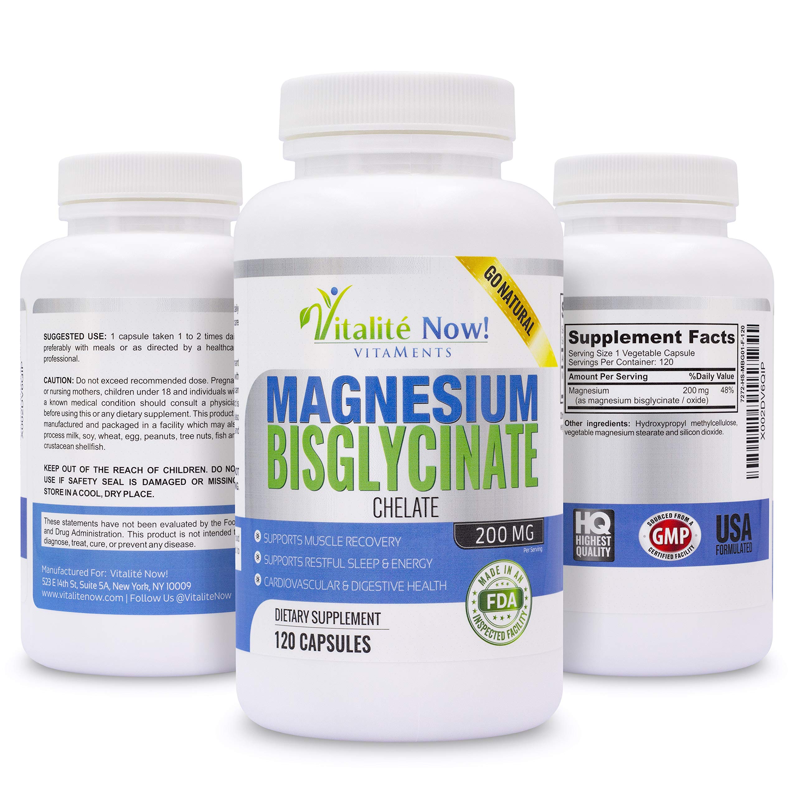 Vitalité Now! Magnesium Bisglycinate Capsules 200mg bottle with label