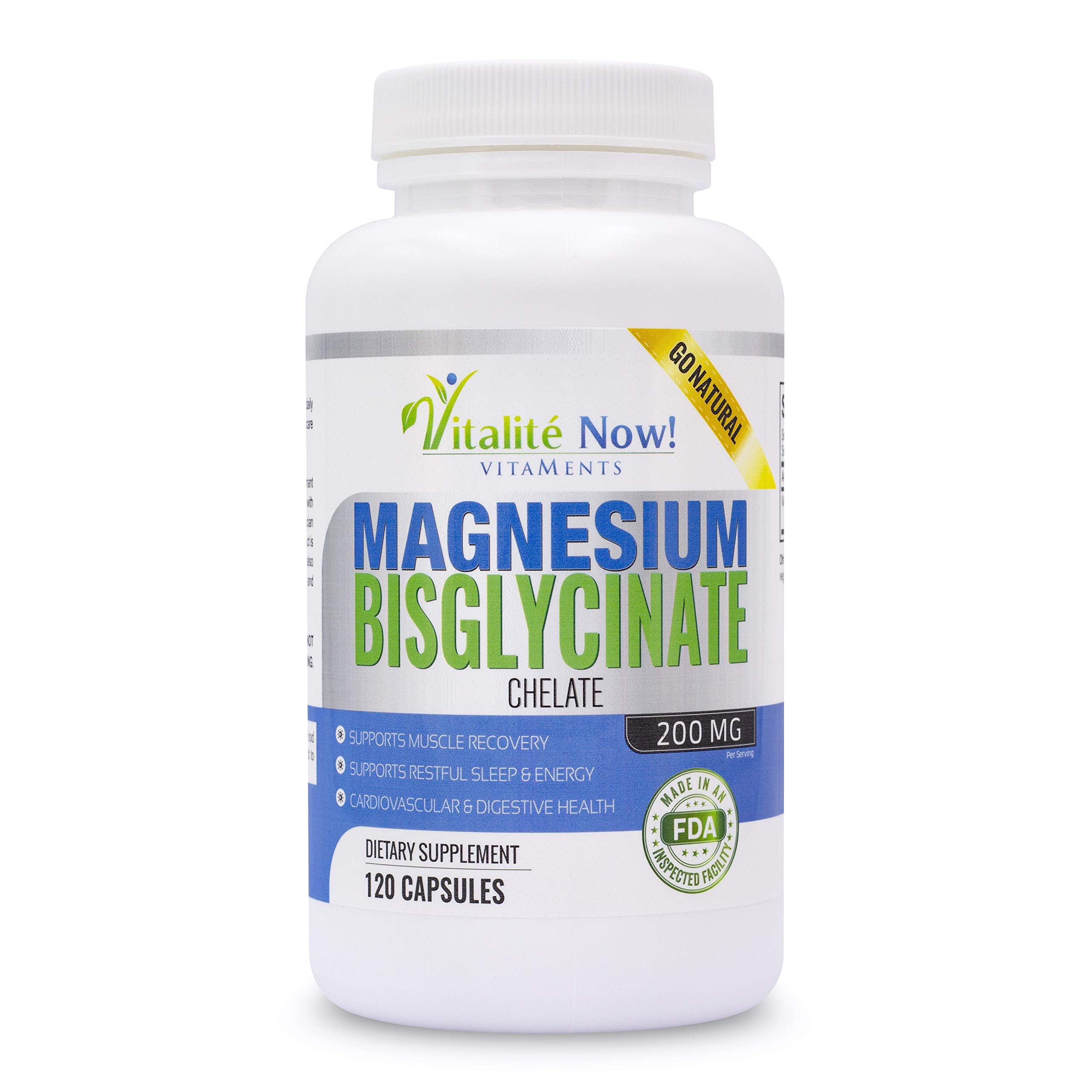 Vitalité Now! Magnesium Bisglycinate Capsules 200mg front view