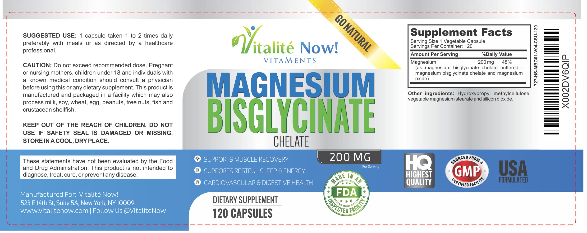 Vitalité Now! Magnesium Bisglycinate Capsules 200mg with measuring spoon