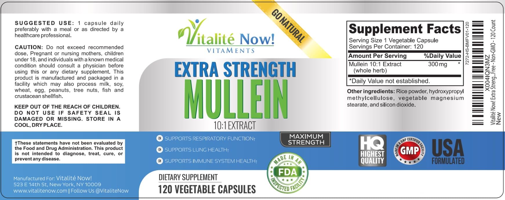 Vitalité Now! Mullein Extract capsules on a wooden table