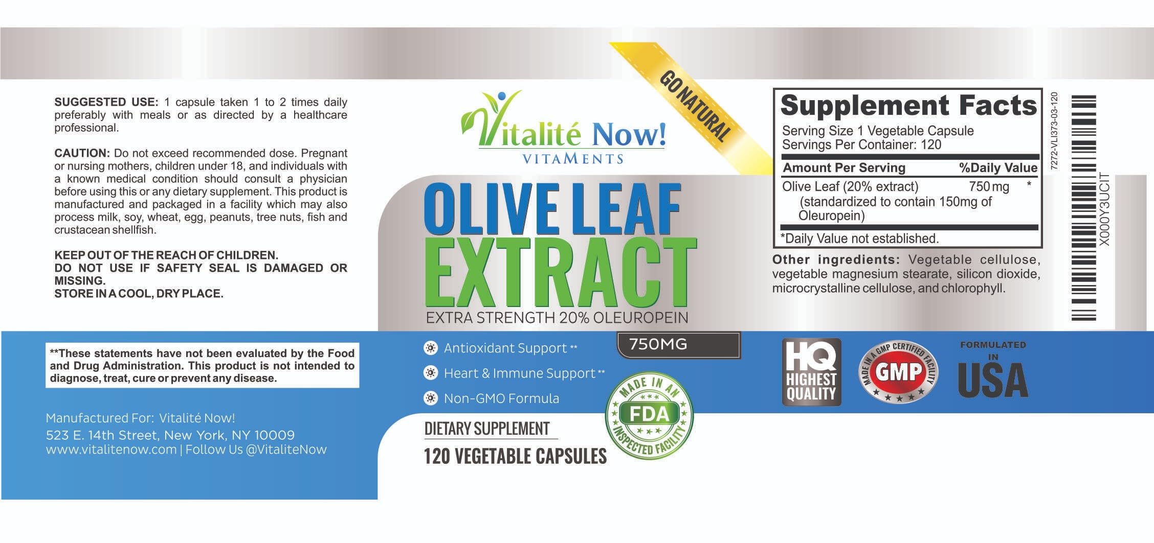 Vitalité Now! Olive Leaf Extract 750mg capsule with dosage information