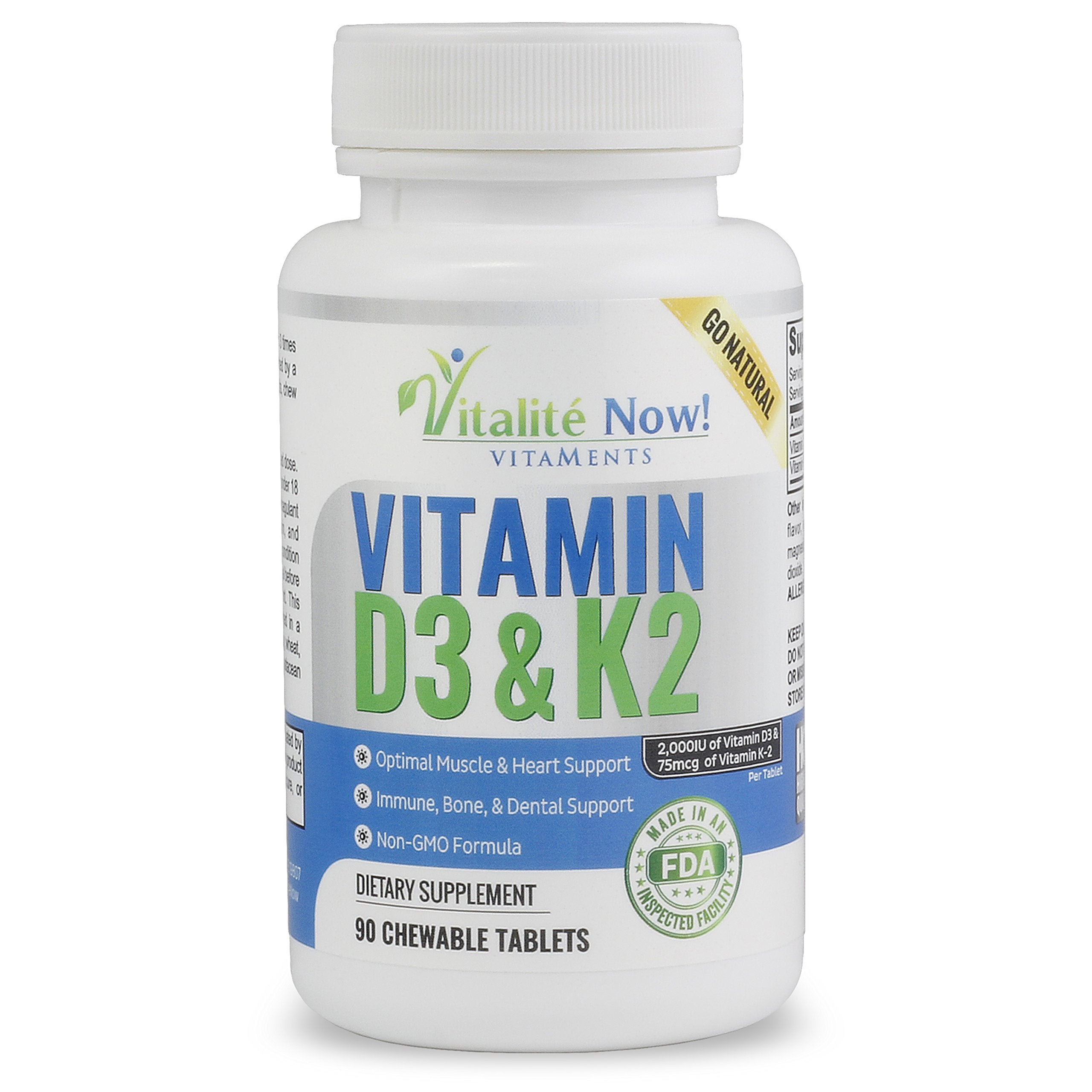 Vitalité Now! Vitamin D3 2000IU & K2 MK7 chewable tablets front view