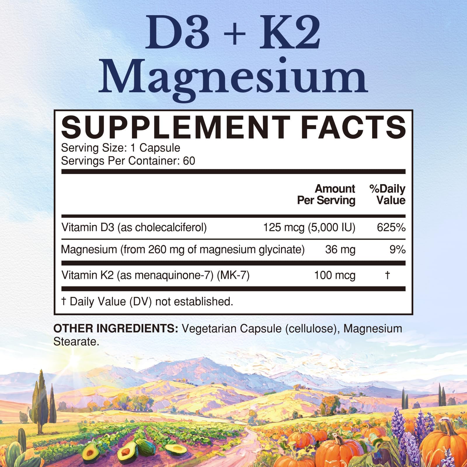 Vitalitown D3 + K2 Magnesium 5000 IU 100 mcg capsule close-up