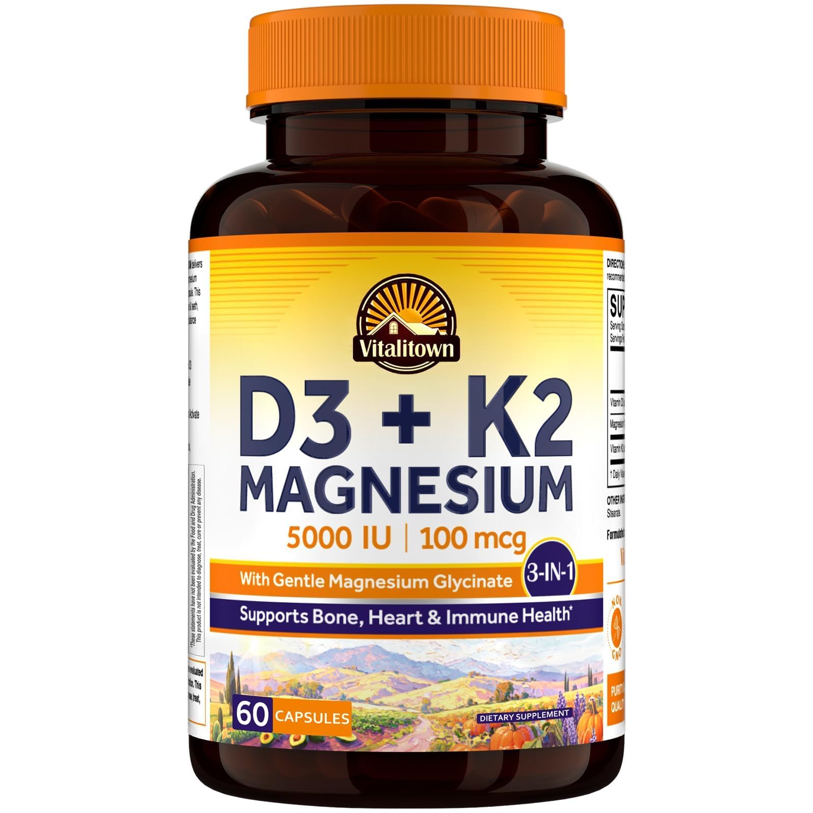 Vitalitown D3 + K2 Magnesium 5000 IU 100 mcg supplement front view