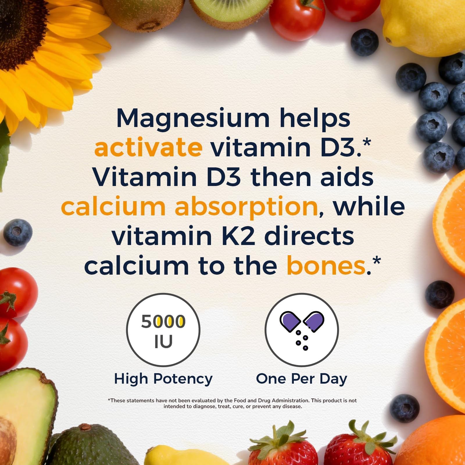 Vitalitown D3 + K2 Magnesium 5000 IU 100 mcg supplement with measuring spoon