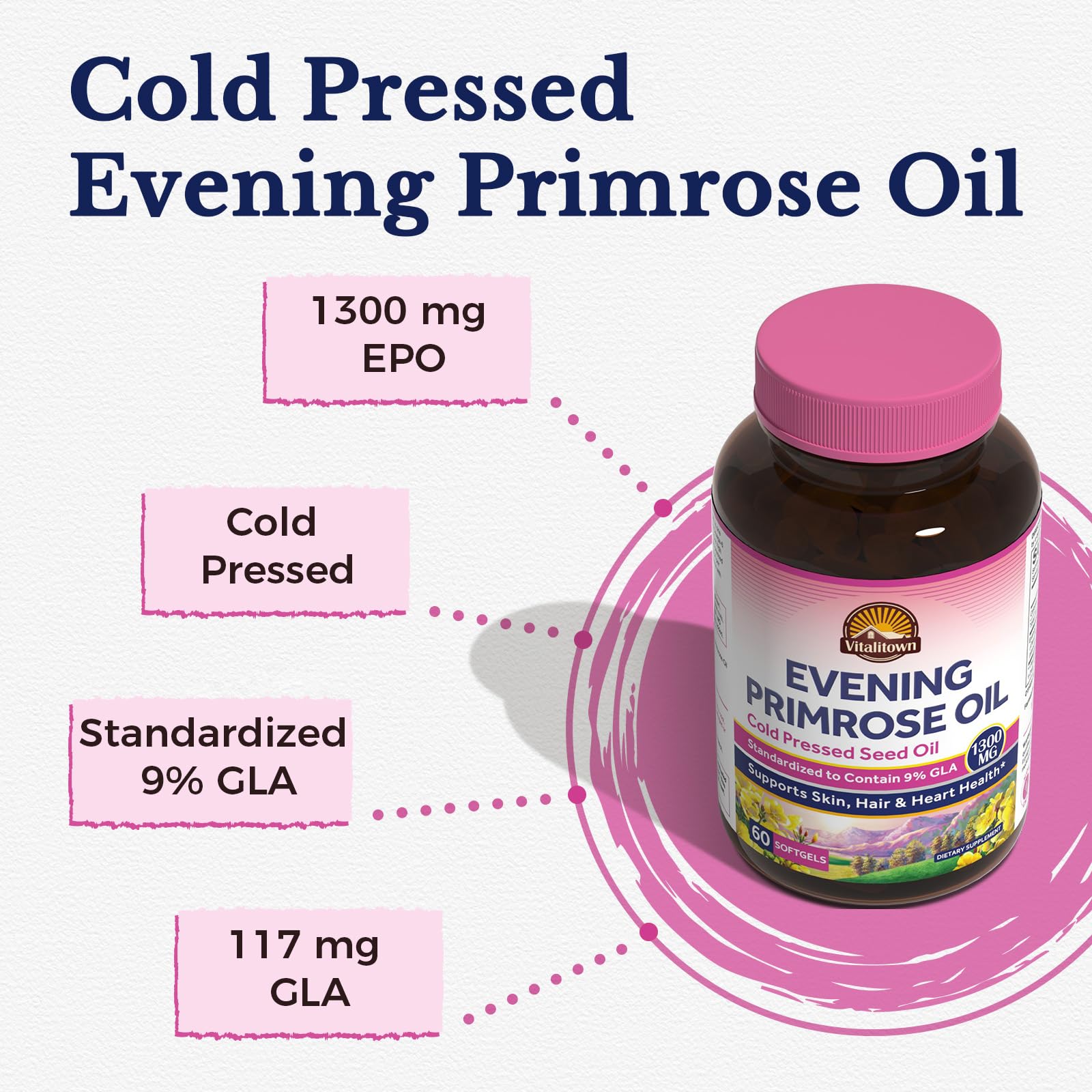 Vitalitown Evening Primrose Oil Softgels 1300mg bottle side view