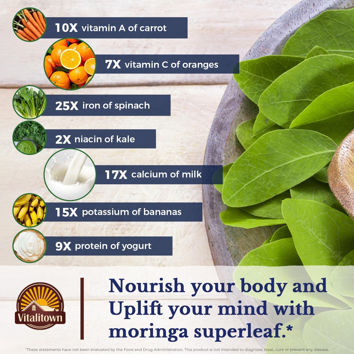 Vitalitown Moringa Leaf Powder on a wooden table with spoon