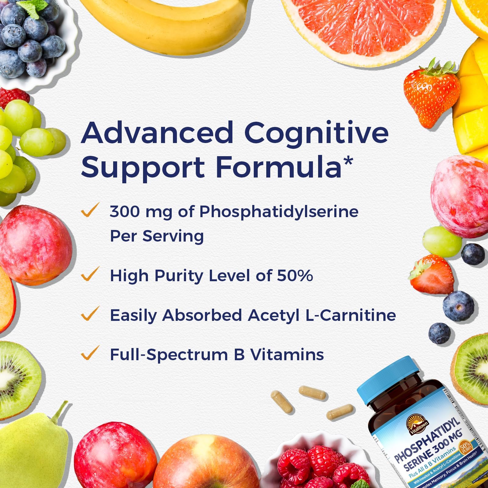 Vitalitown Phosphatidylserine supplement back view with ingredients