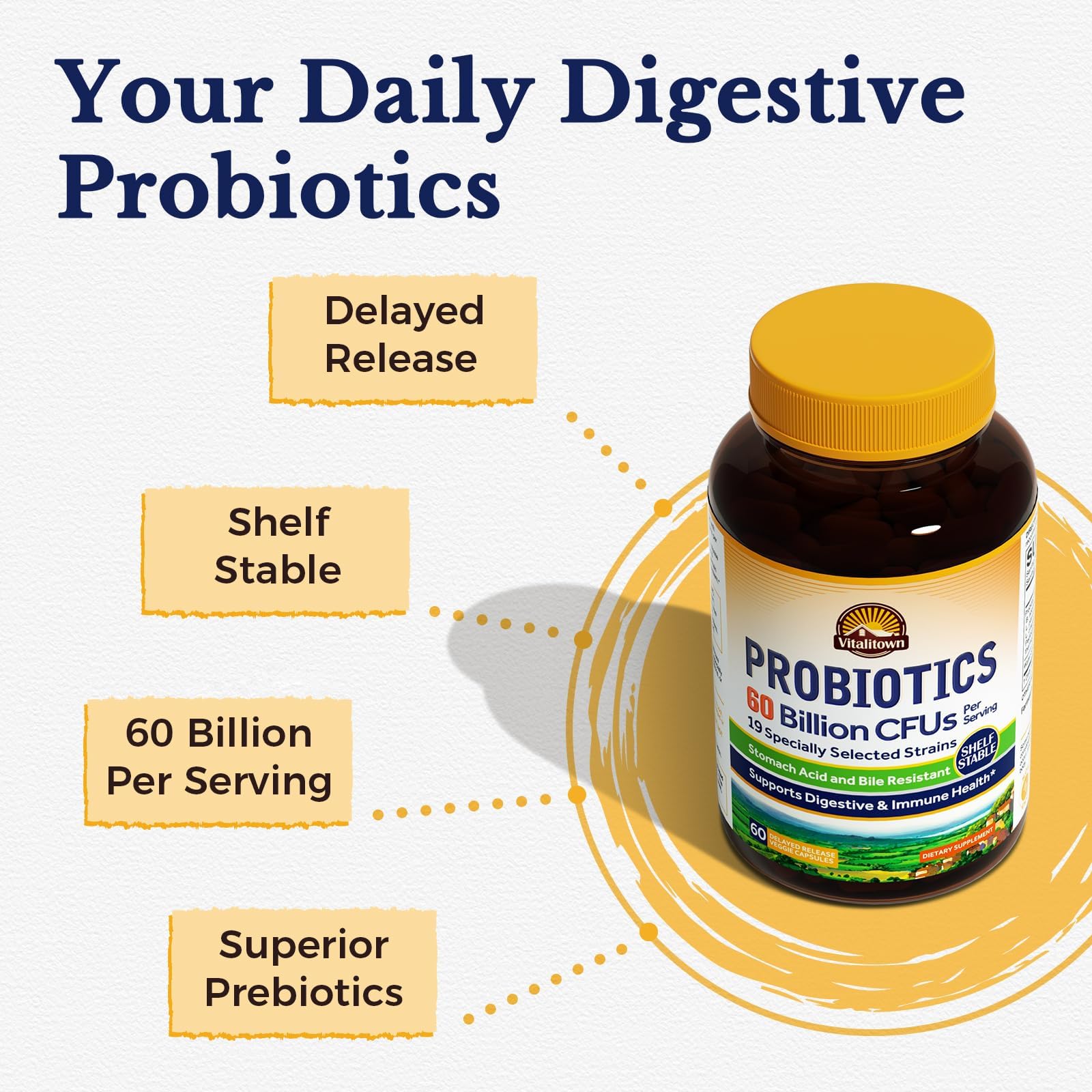 Vitalitown Probiotics 60 Billion CFUs side view with capsule
