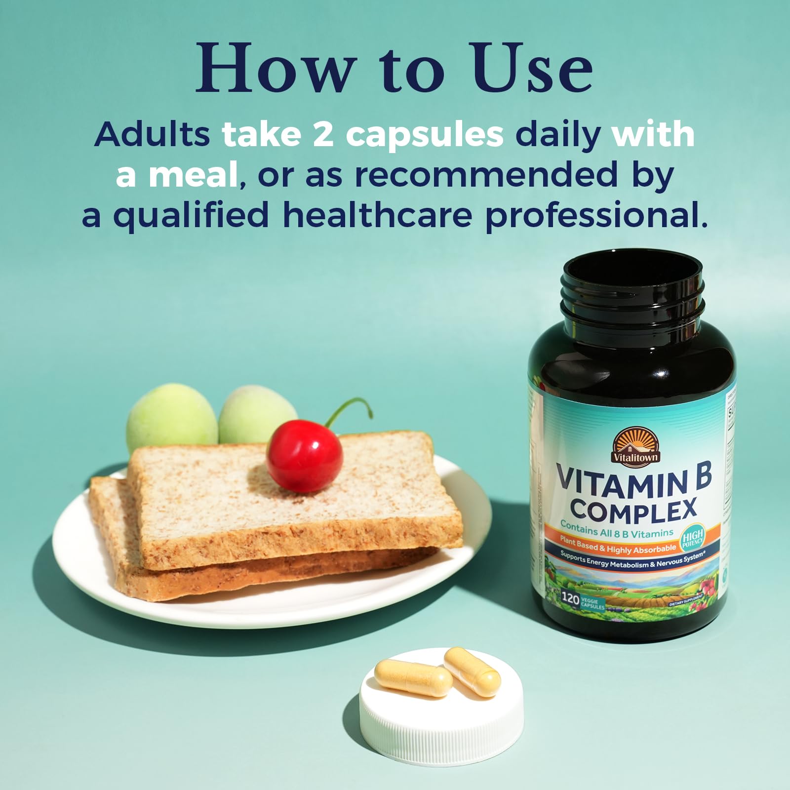 Vitalitown Vitamin B Complex displayed with fresh fruits