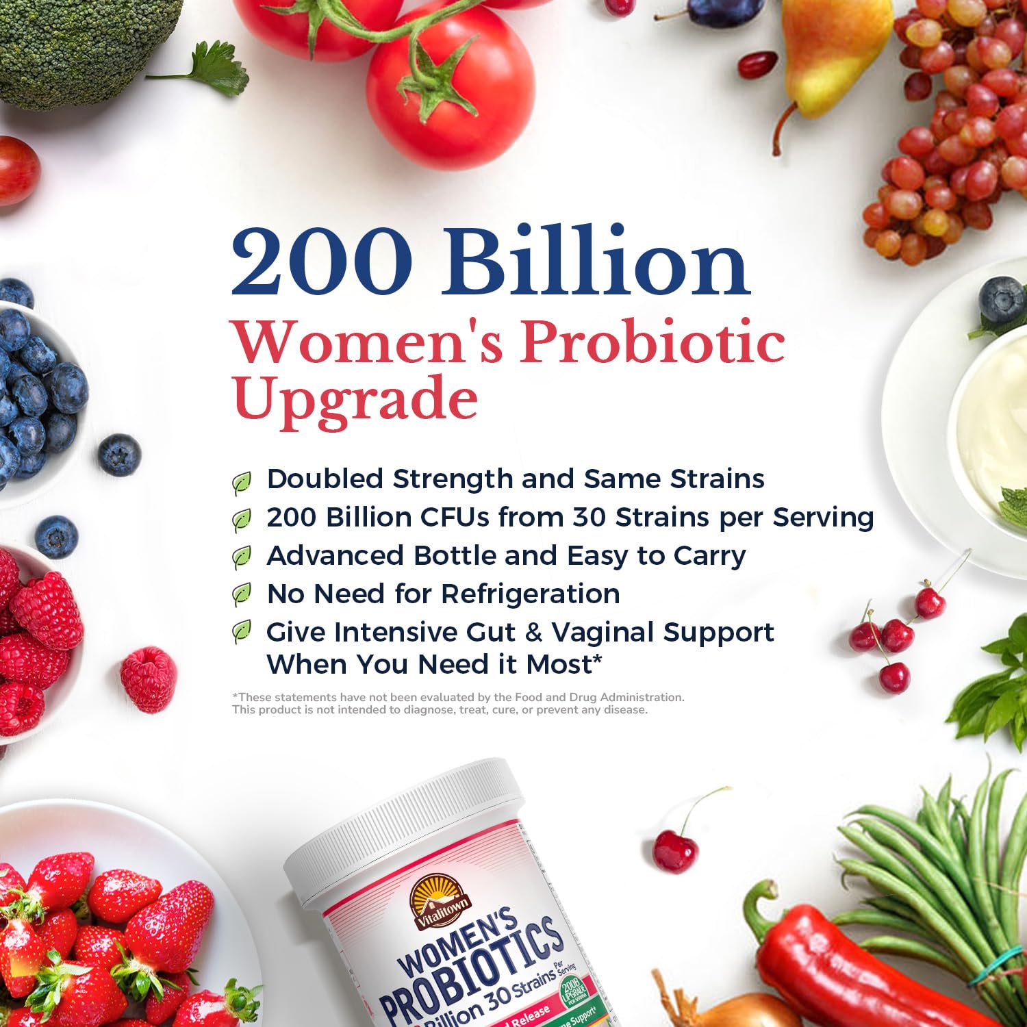 Vitalitown Women's Probiotic 200 Billion CFUs capsules on a table