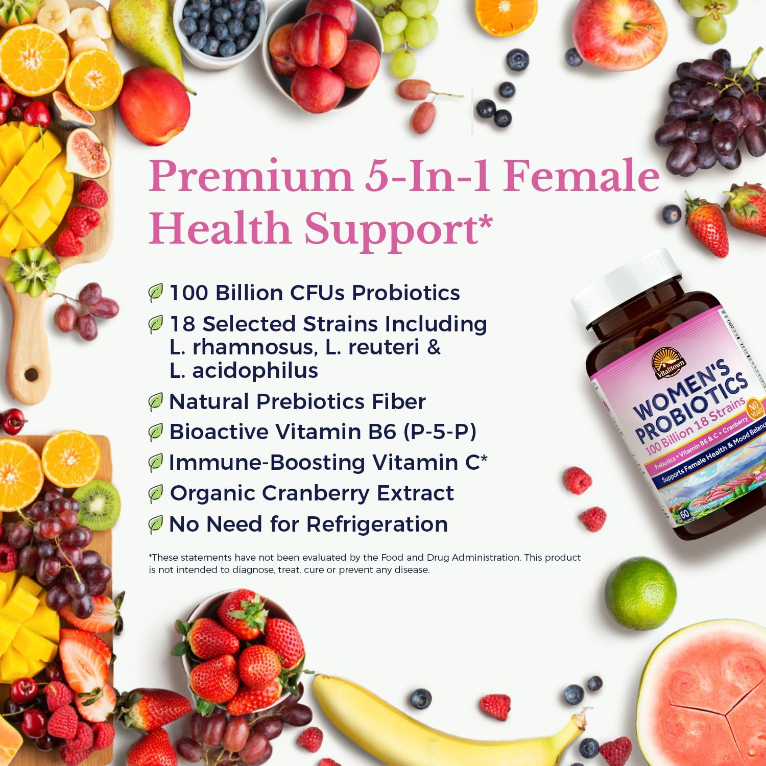 Vitalitown Women's Probiotics capsules on a wooden surface