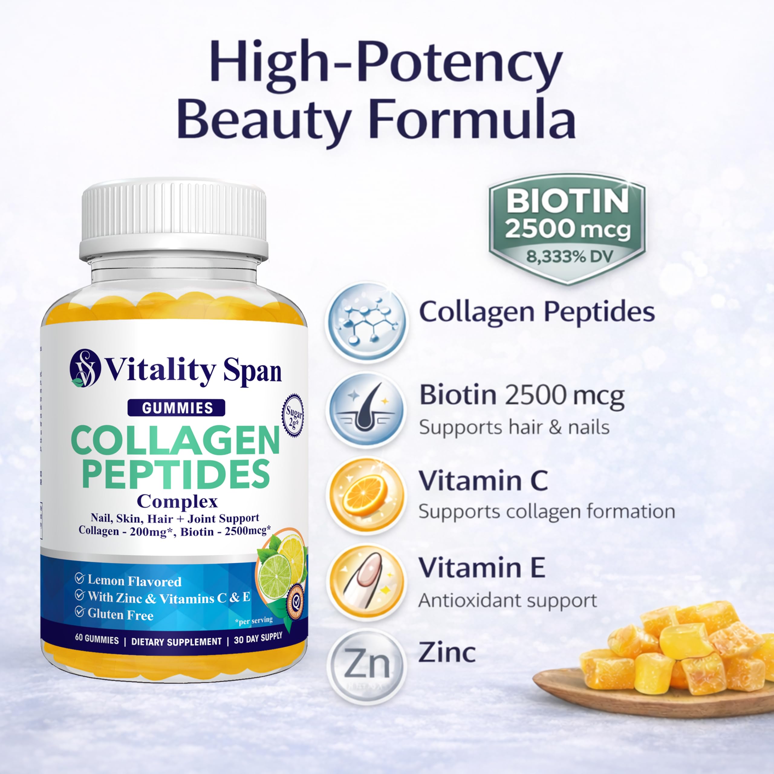 Vitality Span Hair, Skin & Nails Gummies side view with dosage information