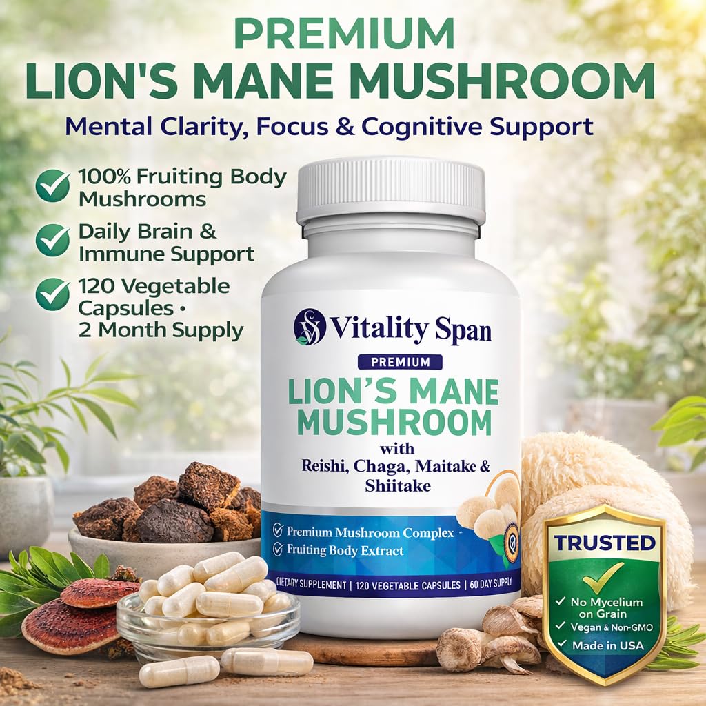 Vitality Span Lion's Mane Mushroom Capsules 1000mg back view