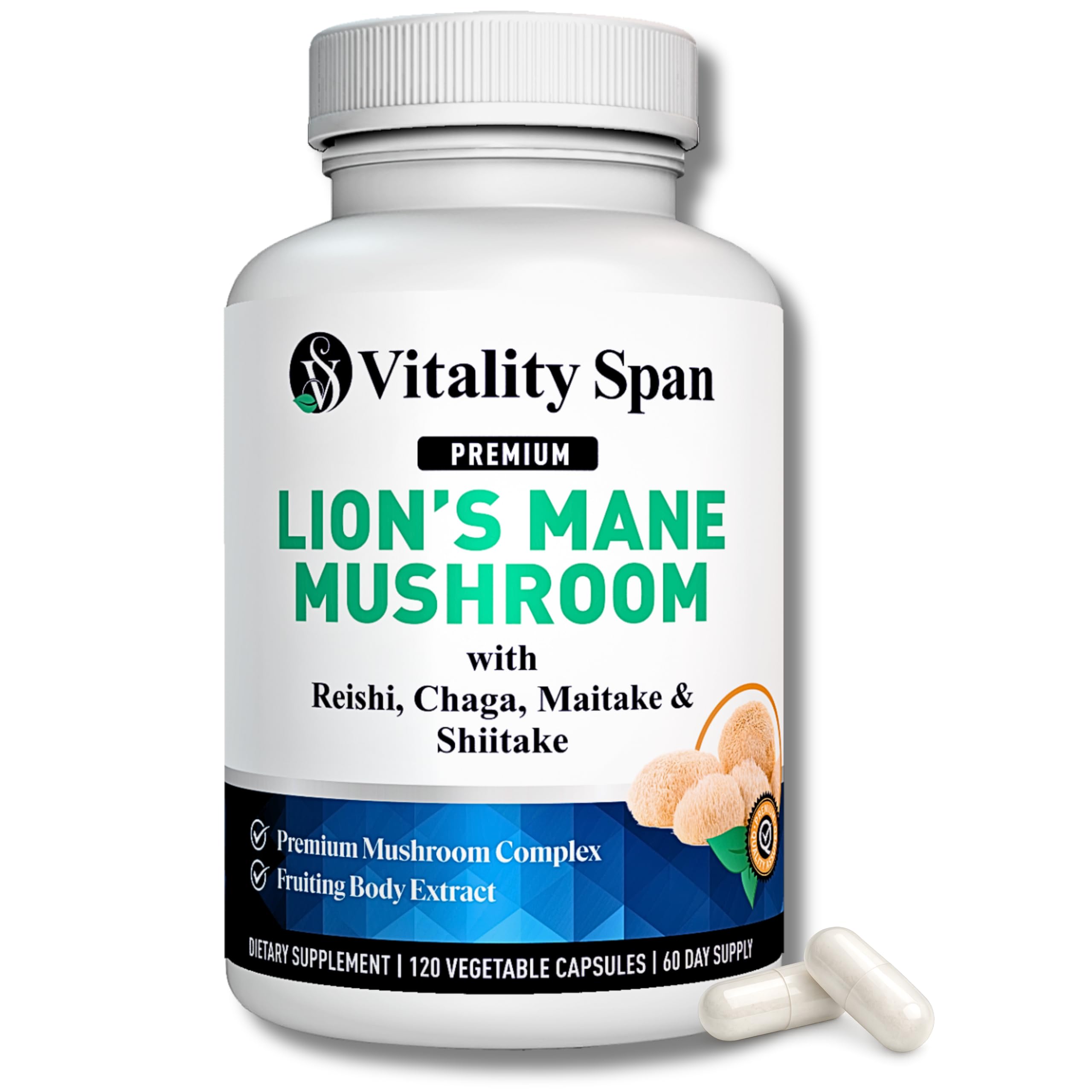 Vitality Span Lion's Mane Mushroom Capsules 1000mg front view