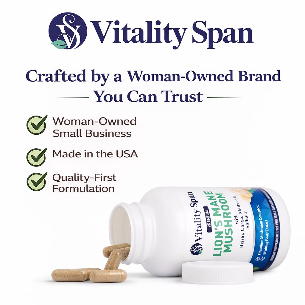 Vitality Span Lion's Mane Mushroom Capsules 1000mg on a wooden table