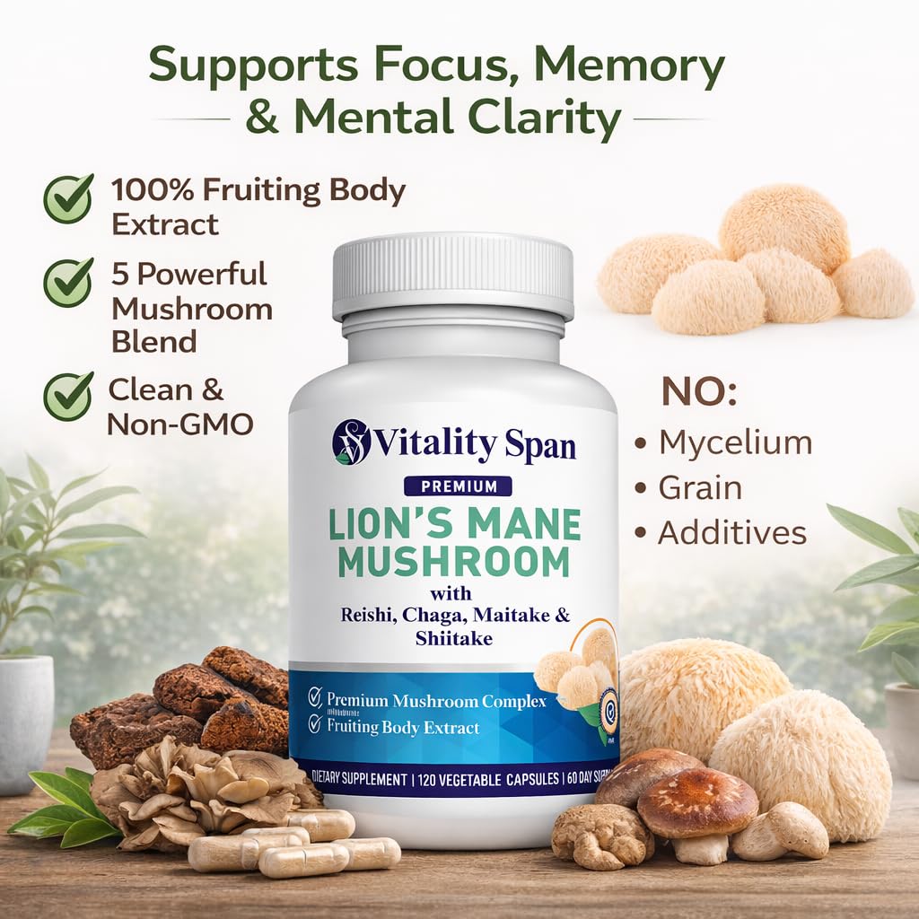 Vitality Span Lion's Mane Mushroom Capsules 1000mg side view