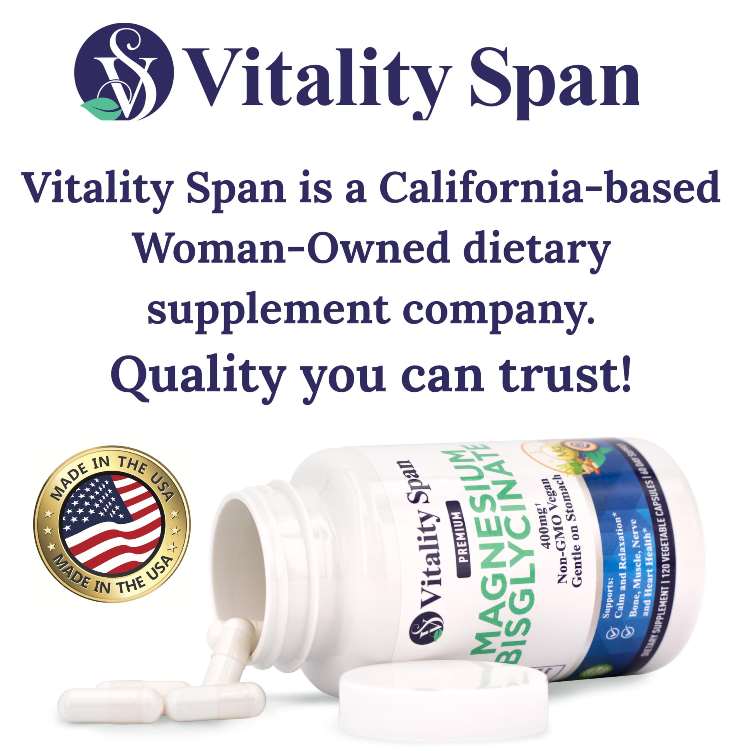 Vitality Span Magnesium Glycinate 400mg supplement capsules on a surface