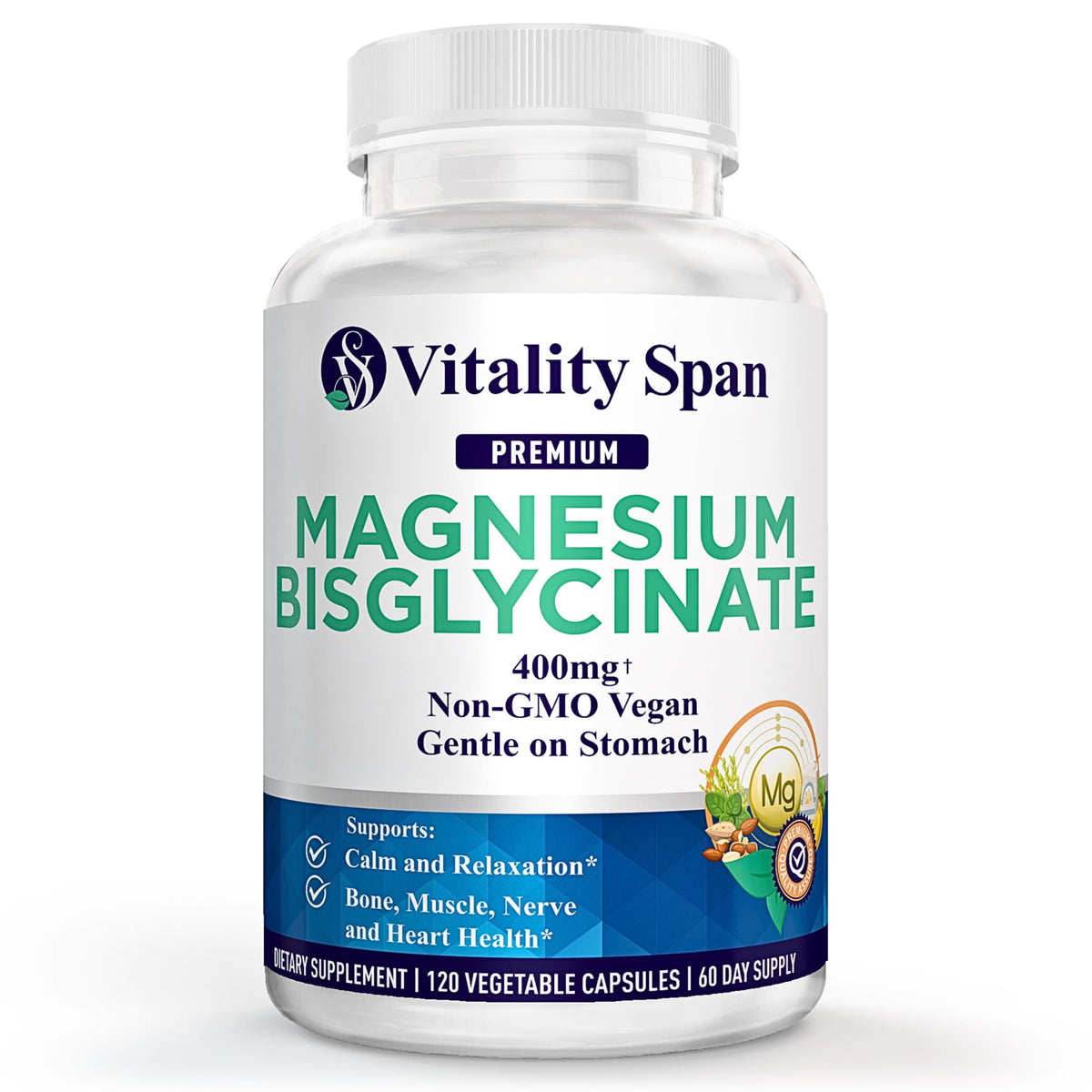 Vitality Span Magnesium Glycinate 400mg supplement front view