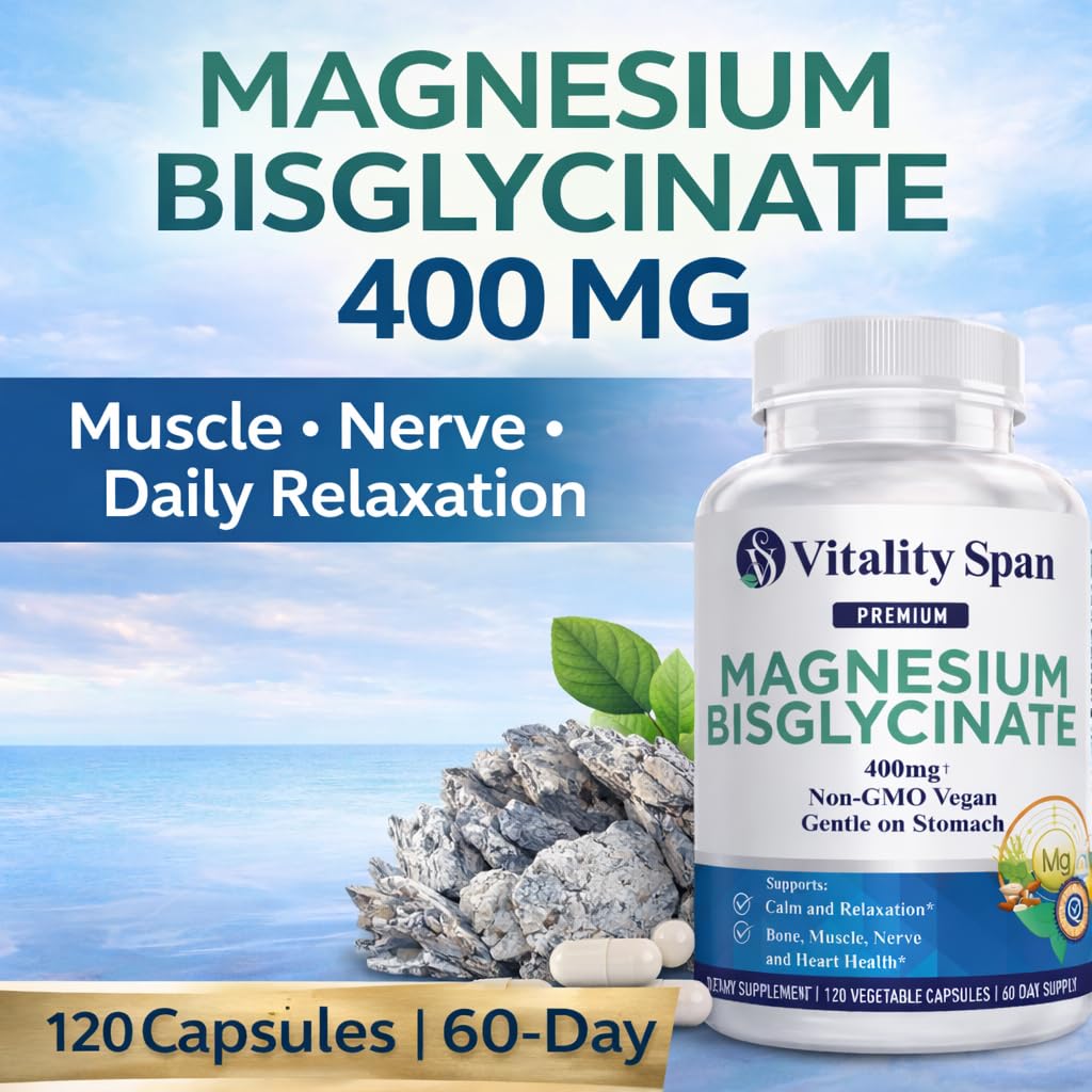 Vitality Span Magnesium Glycinate 400mg supplement side view
