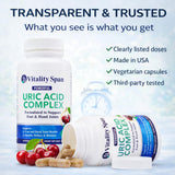 Vitality Span Uric Acid Cleanse Supplement capsules on a wooden surface