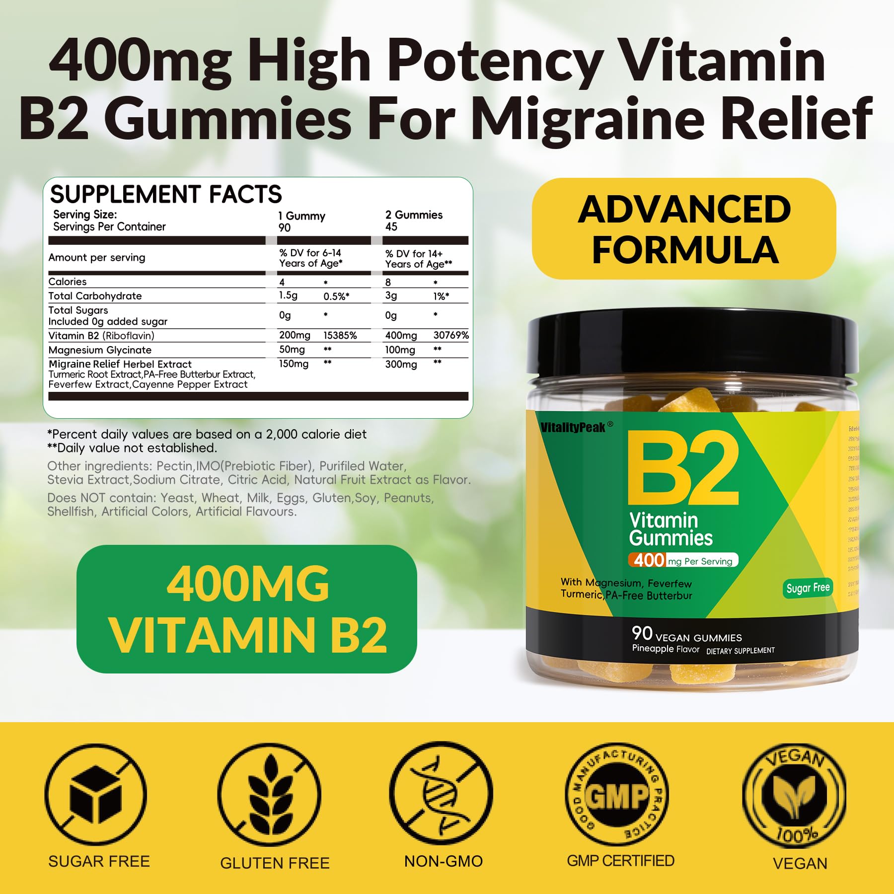 VitalityPeak Vitamin B2 Gummies 400mg bottle with label