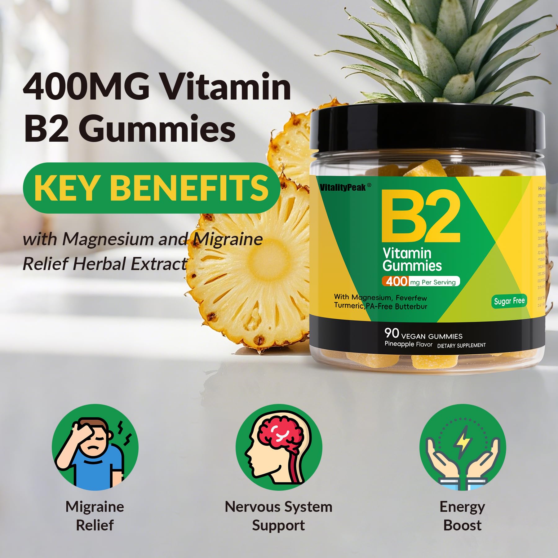 VitalityPeak Vitamin B2 Gummies on a kitchen counter