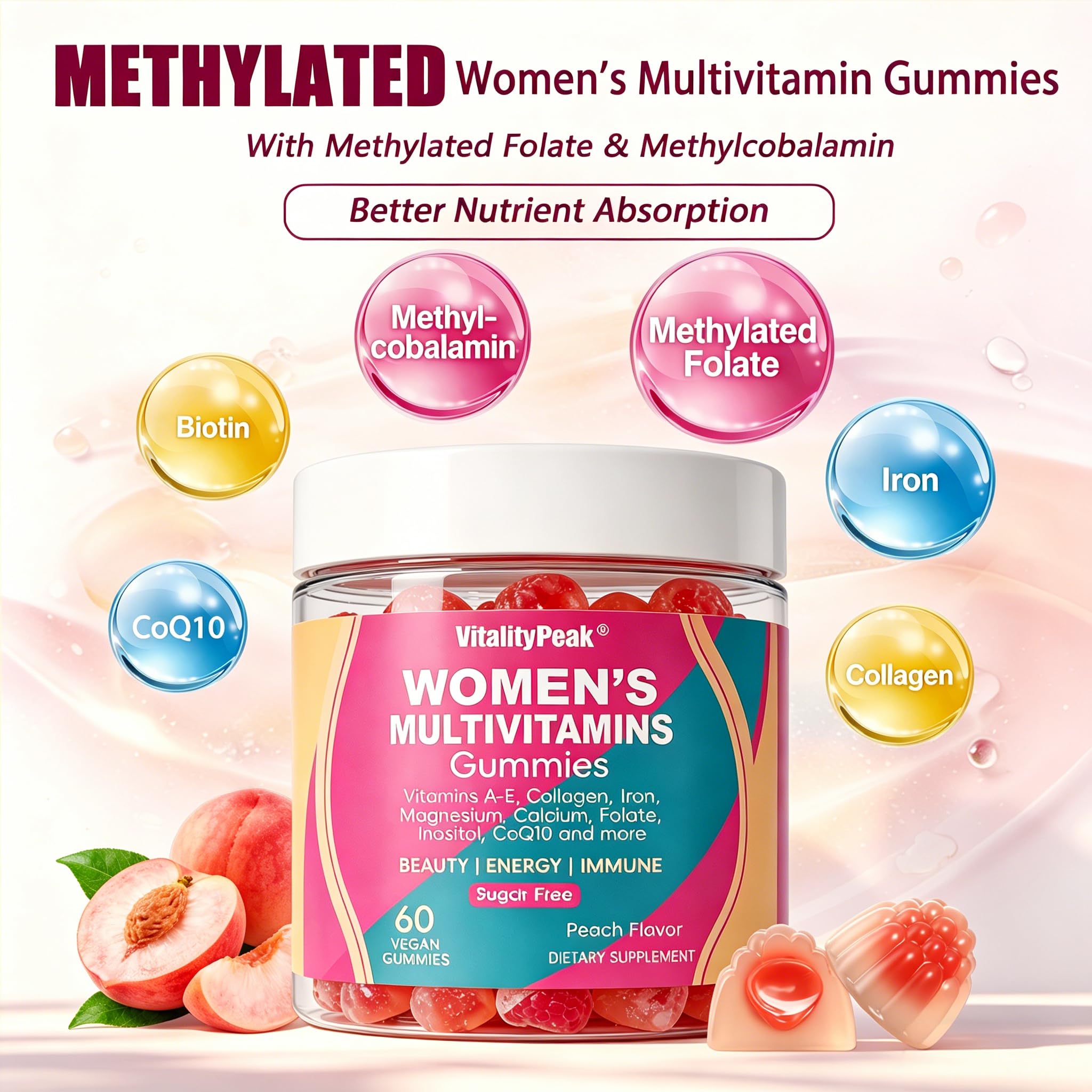 VitalityPeak Women's Multivitamin Gummies with a scoop and fresh peaches