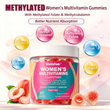 VitalityPeak Women's Multivitamin Gummies with a scoop and fresh peaches