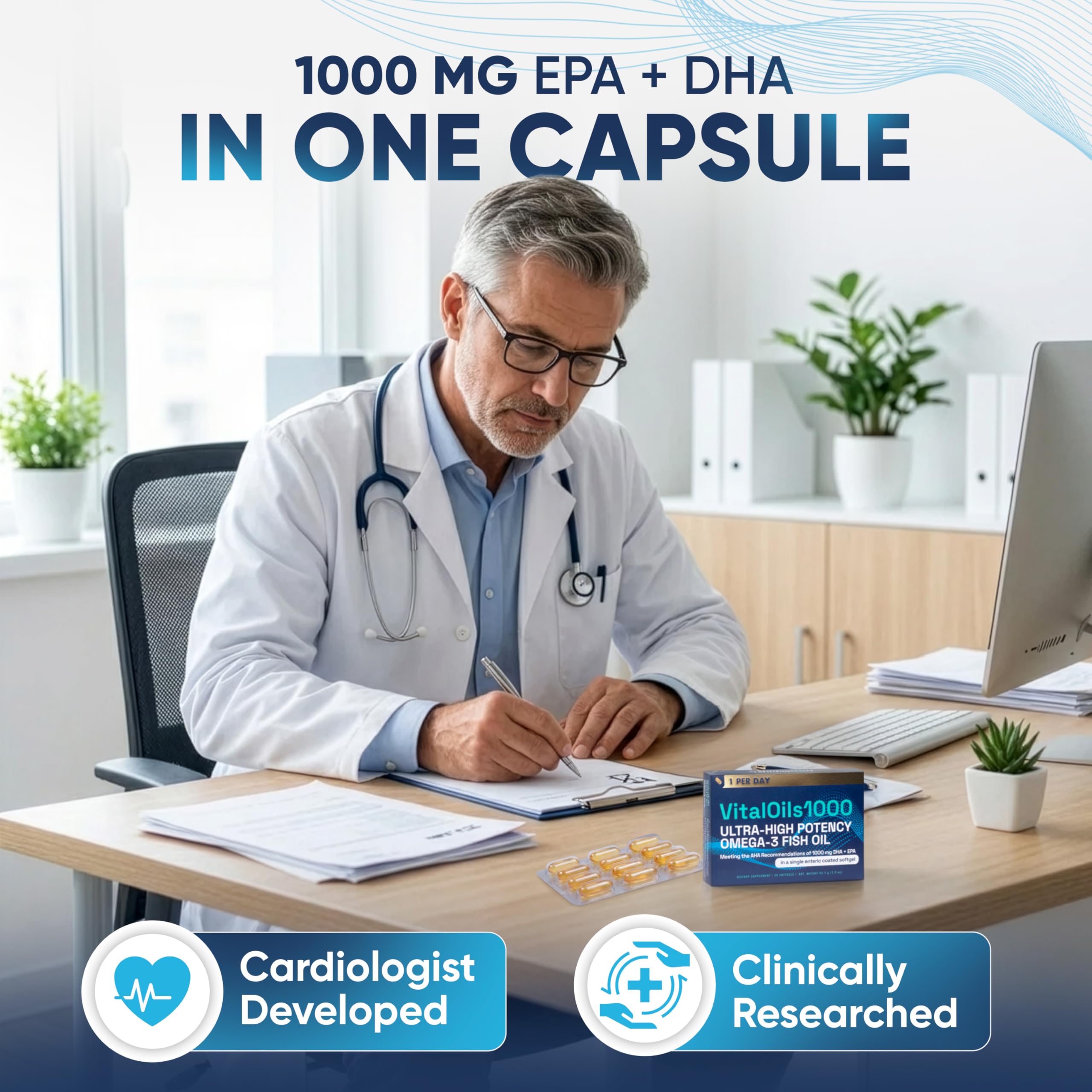 VitalRemedyMD VitalOils1000 Omega-3 Softgels on a table