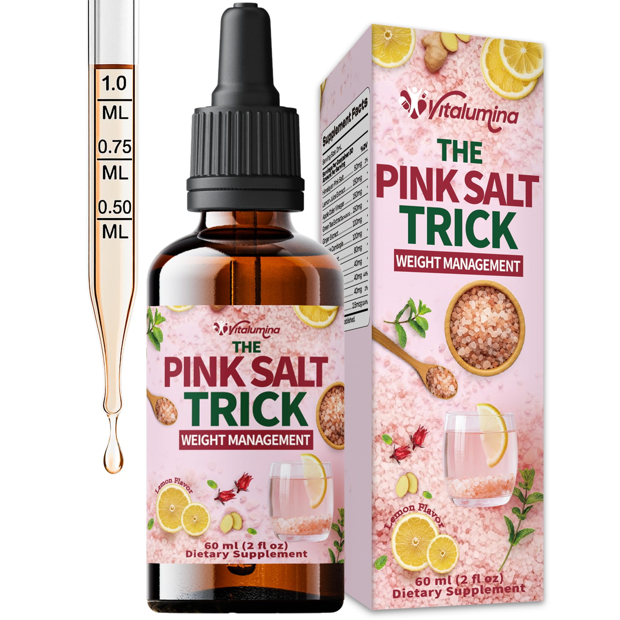 Vitalumina Pink Salt Trick Drops 60ml bottle with ingredients