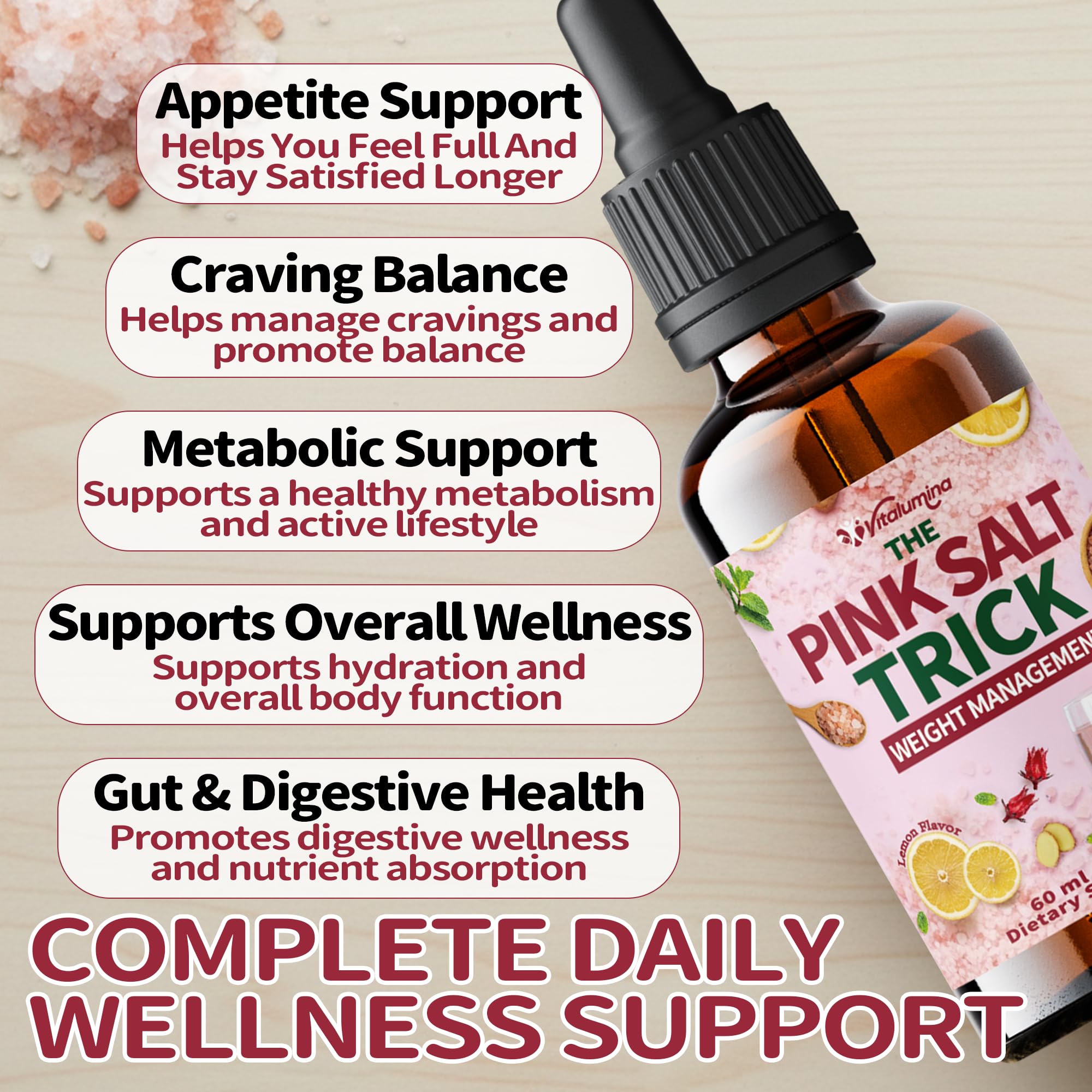 Vitalumina Pink Salt Trick Drops 60ml bottle with water